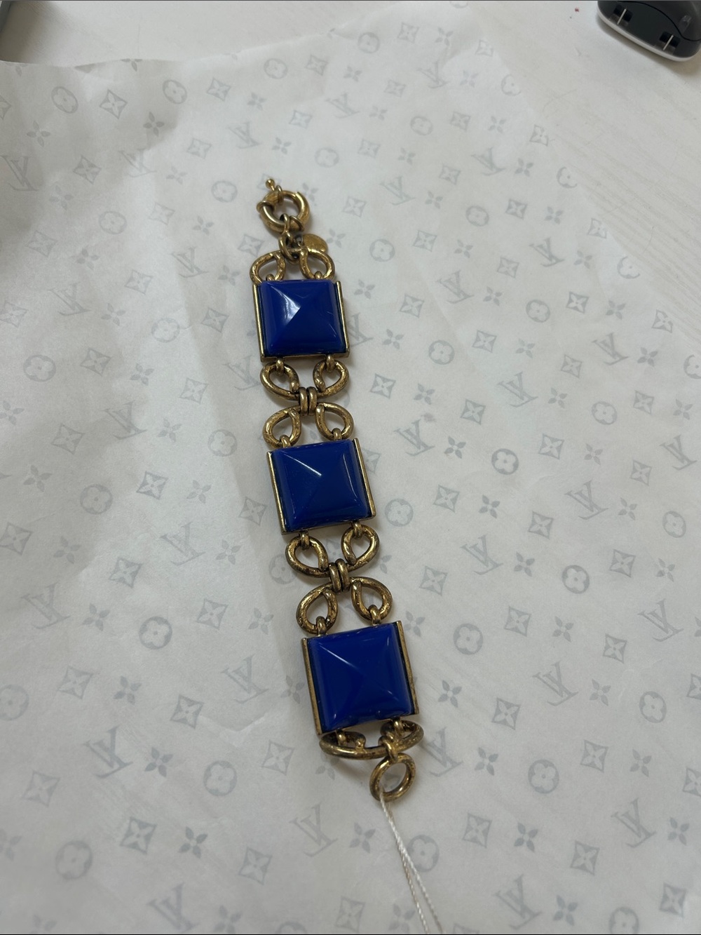 Gold-Tone Bracelet with Blue Pyramid Cabochons